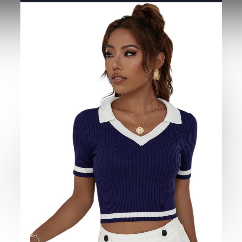 Verdusa Navy Blue Ribbed Knit Polo Crop Top